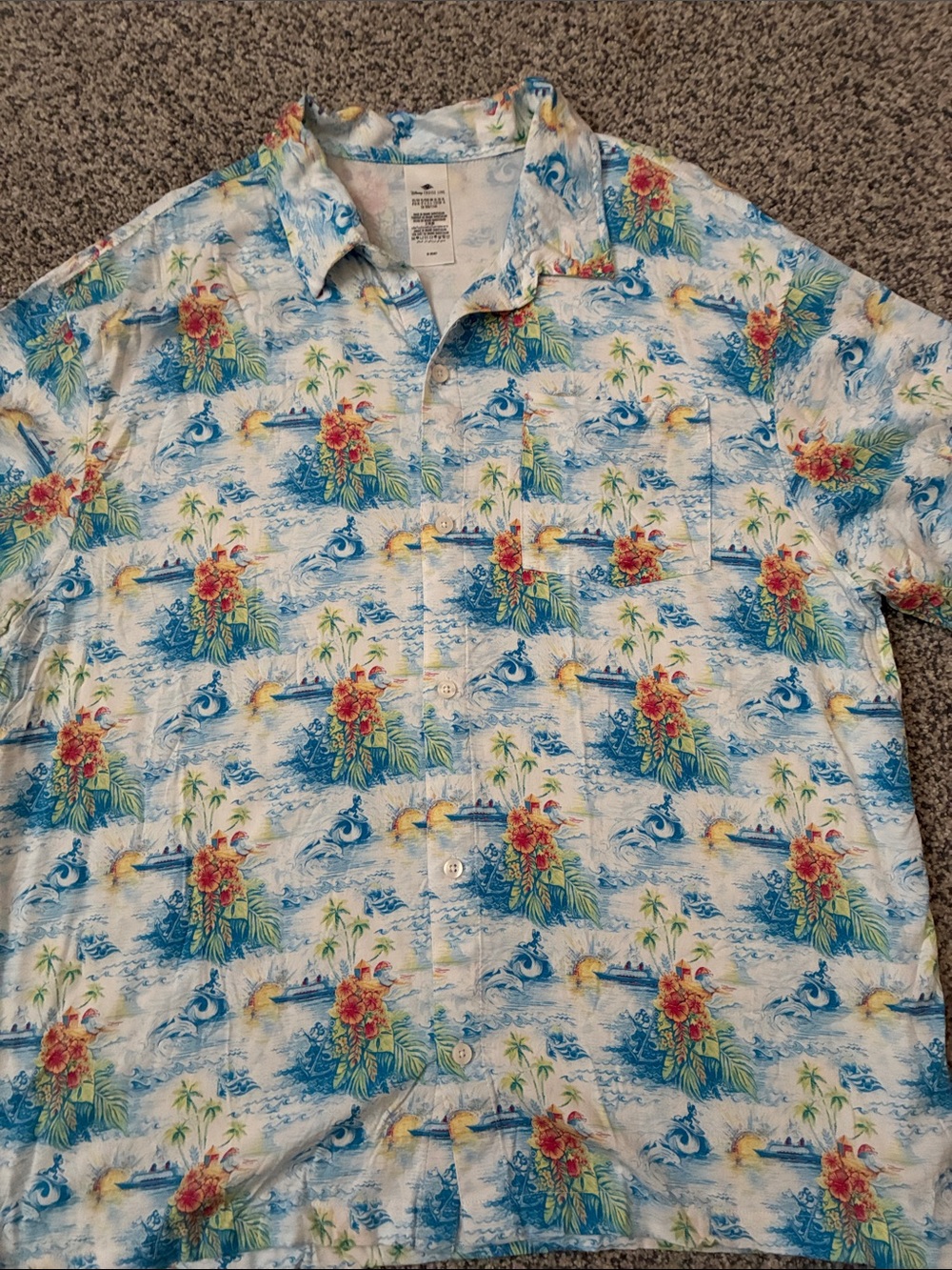 Men's Disney Cruise Line Light Blue Tropical Print Short-Sleeve Shirt. XXL
